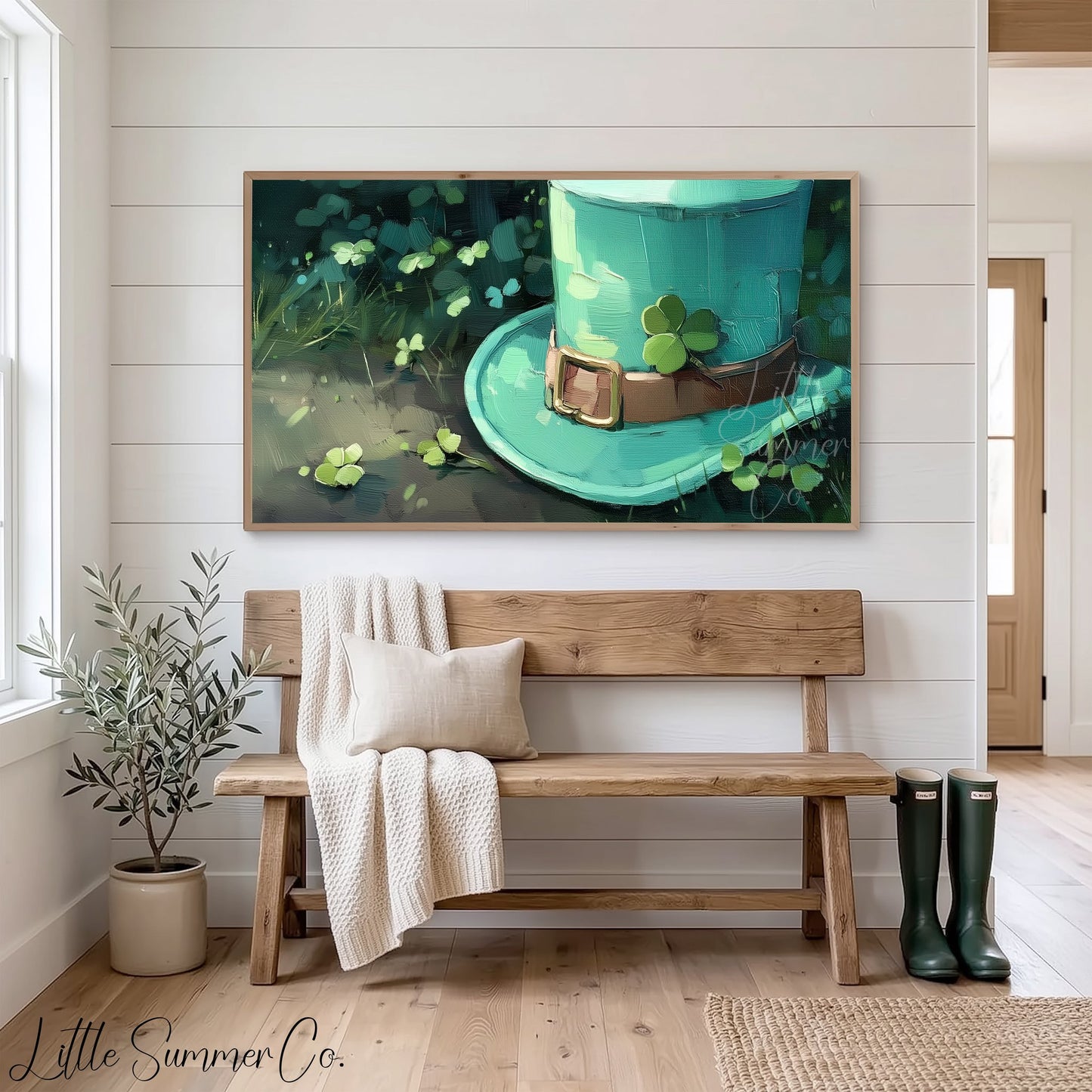 Leprechaun Hat and Shamrock Frame TV Art displayed on a TV