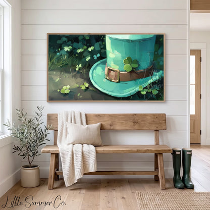 Leprechaun Hat and Shamrock Frame TV Art displayed on a TV
