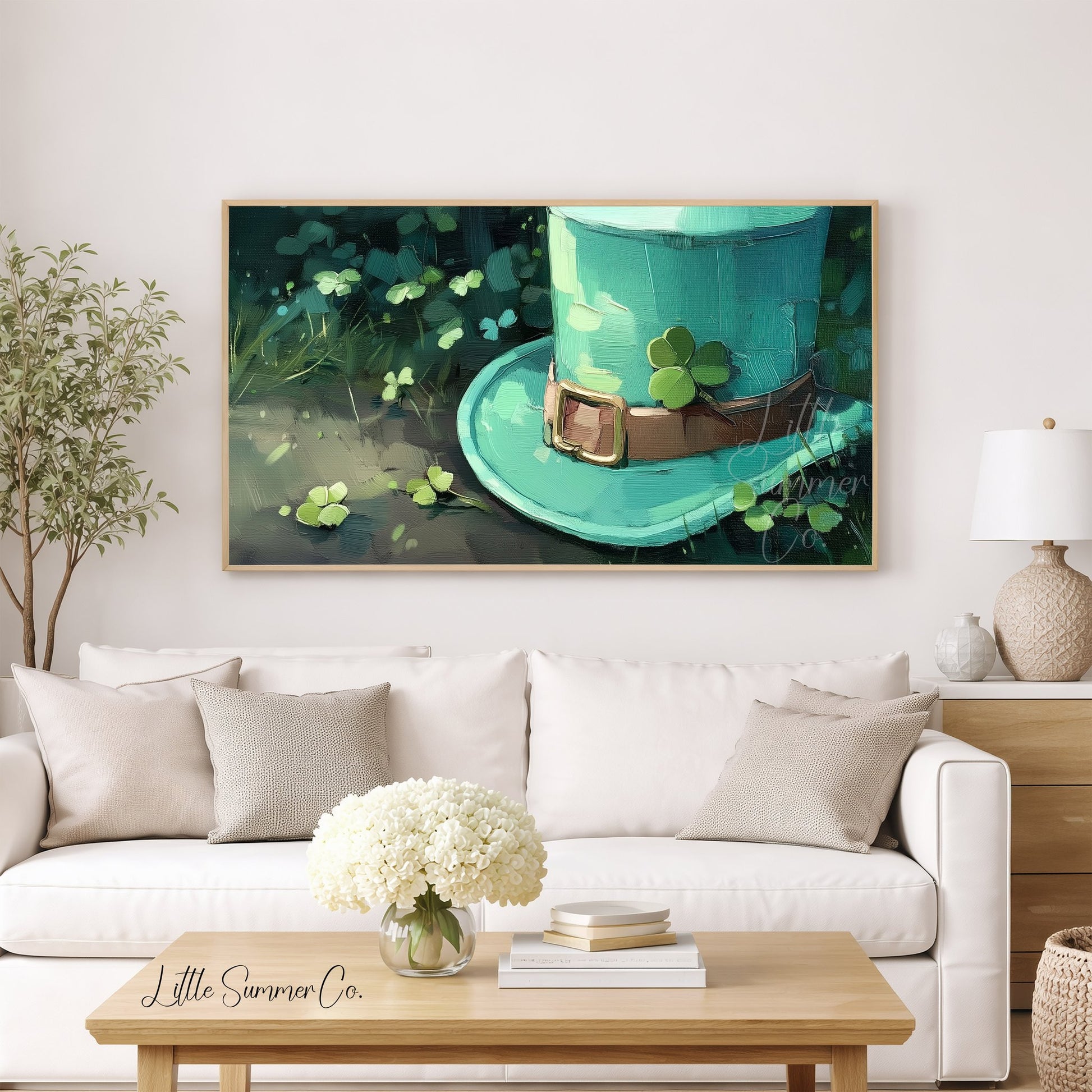 Leprechaun Hat and Shamrock Frame TV Art displayed on a TV