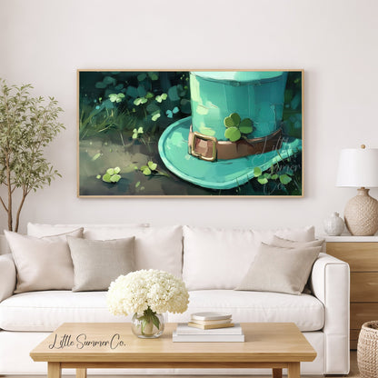 Leprechaun Hat and Shamrock Frame TV Art displayed on a TV