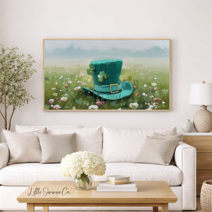 Leprechaun Hat Wildflower Meadow Frame TV Art displayed on a TV