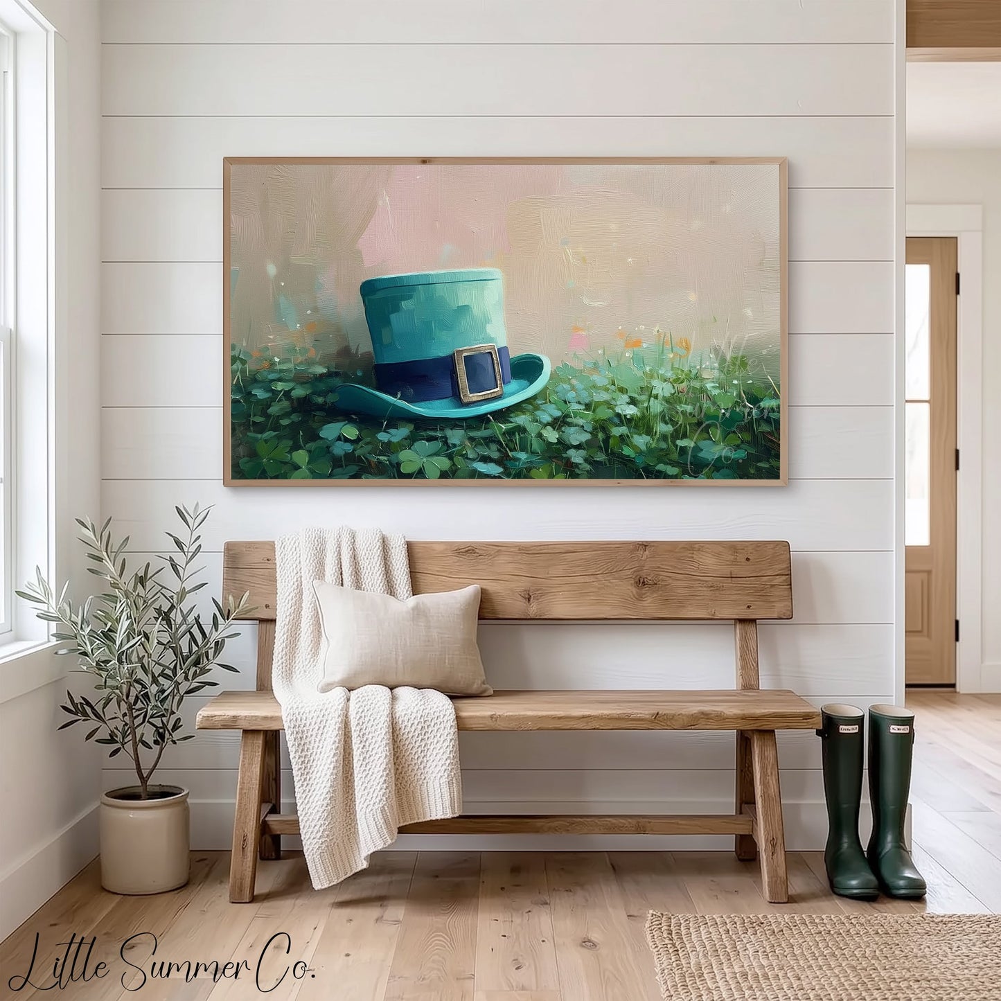 Leprechaun Hat in Clovers Frame TV Art displayed on a TV