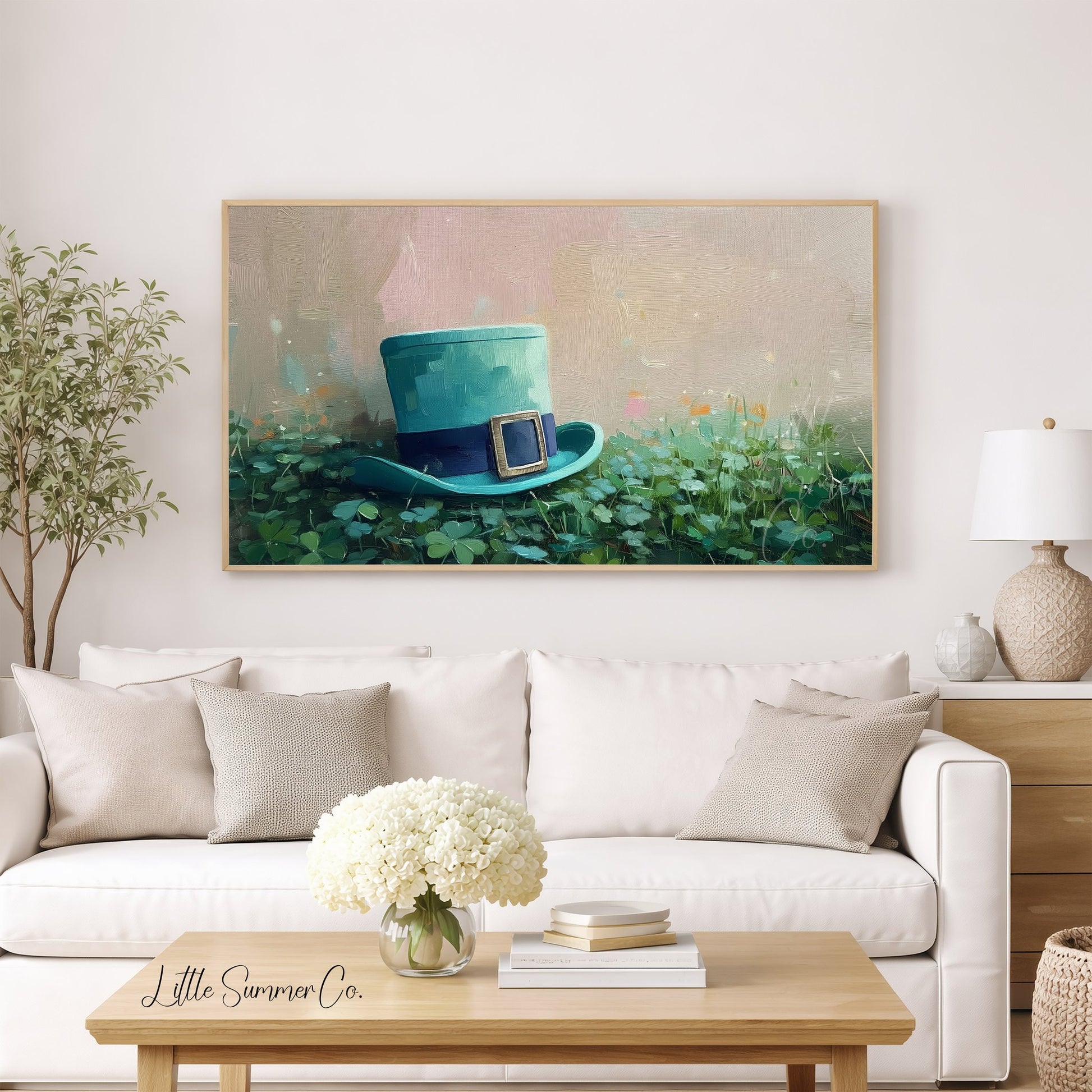 Leprechaun Hat in Clovers Frame TV Art displayed on a TV