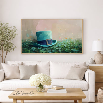 Leprechaun Hat in Clovers Frame TV Art displayed on a TV