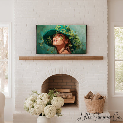 Woman in Shamrock Hat Frame TV Art displayed on a TV