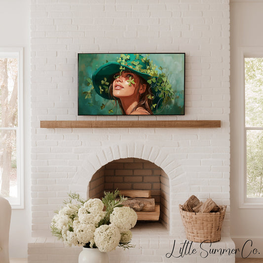 Woman in Shamrock Hat Frame TV Art displayed on a TV