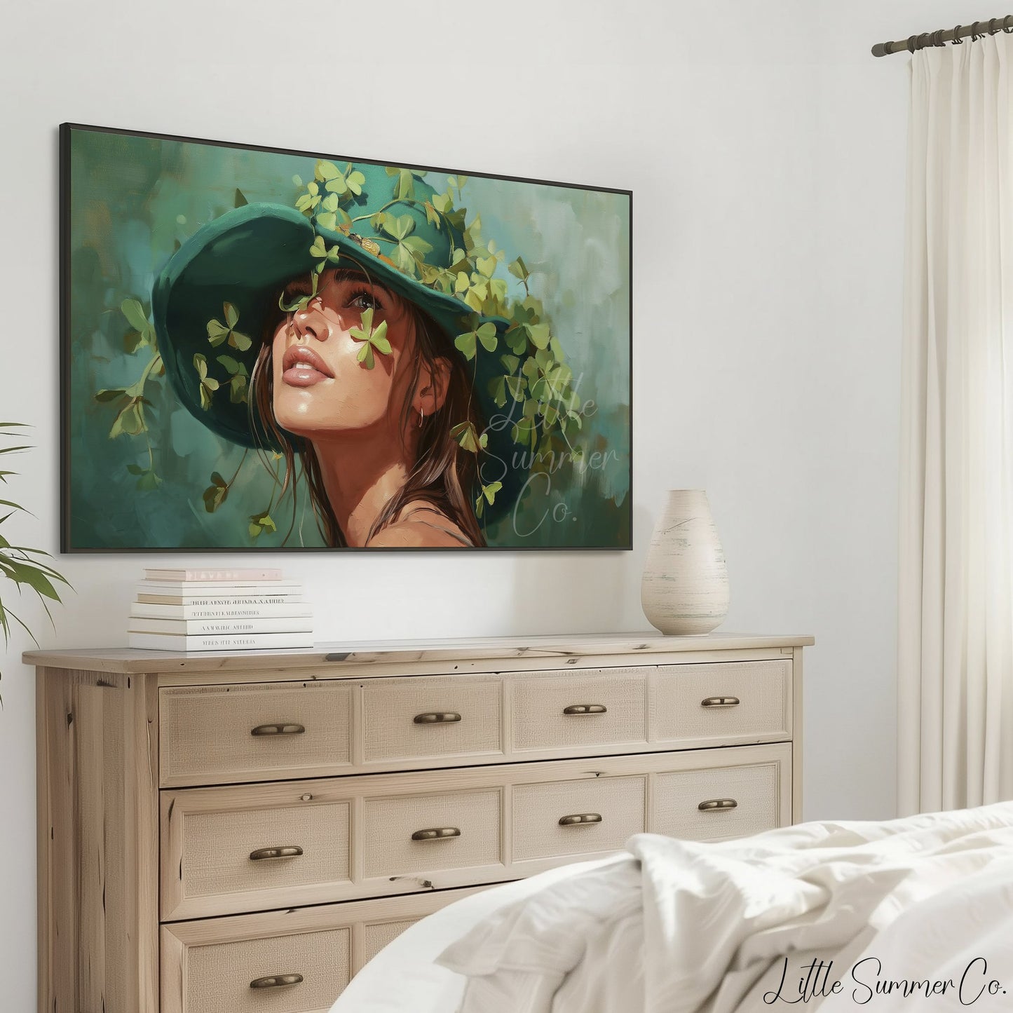 Woman in Shamrock Hat Frame TV Art displayed on a TV