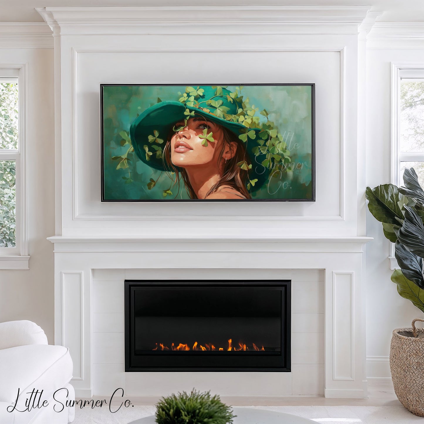 Woman in Shamrock Hat Frame TV Art displayed on a TV
