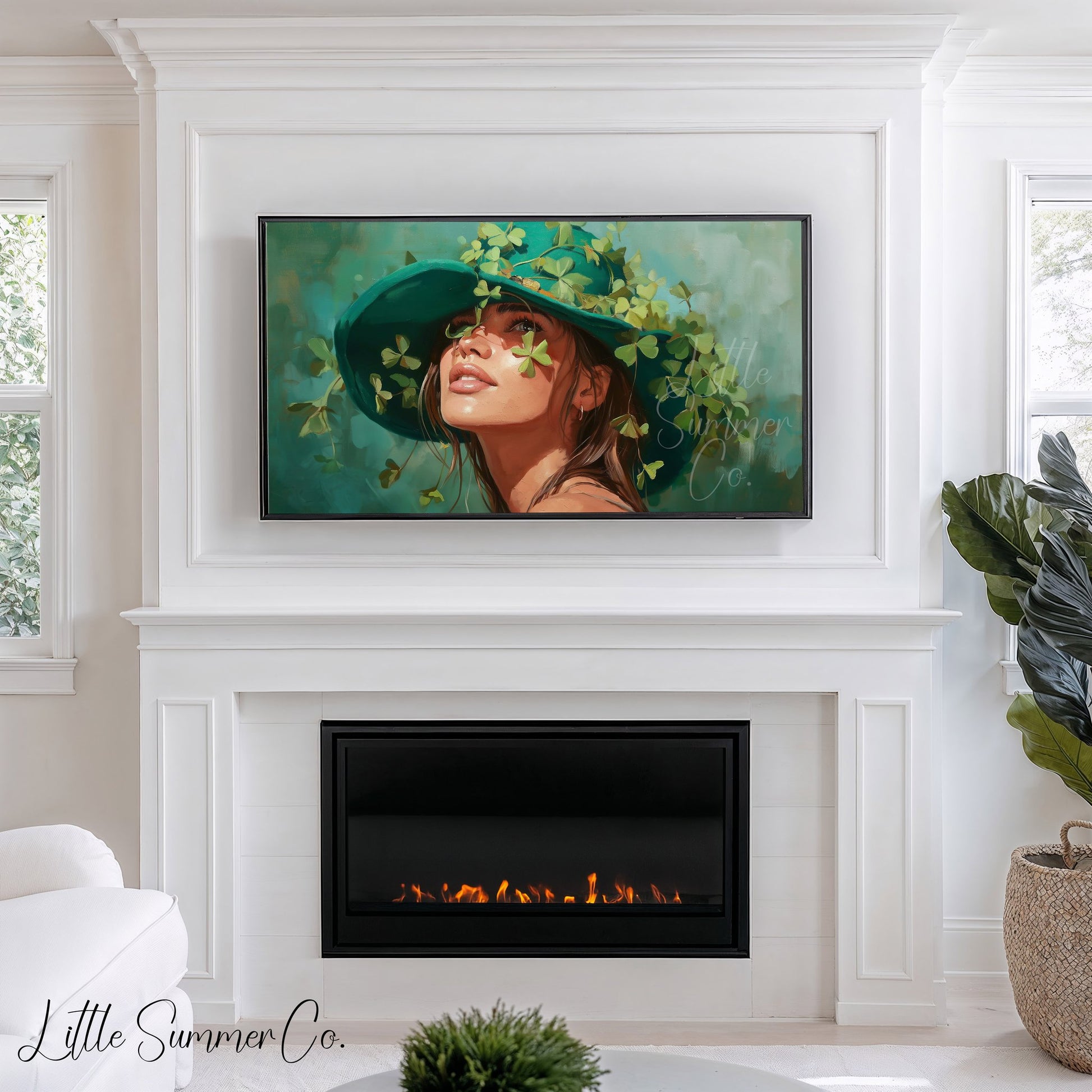 Woman in Shamrock Hat Frame TV Art displayed on a TV