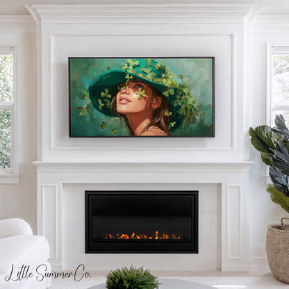 Woman in Shamrock Hat Frame TV Art displayed on a TV