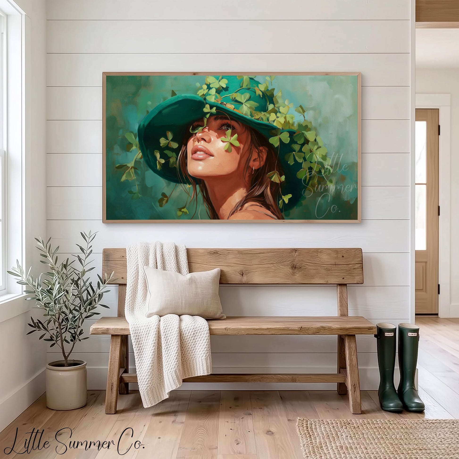 Woman in Shamrock Hat Frame TV Art displayed on a TV