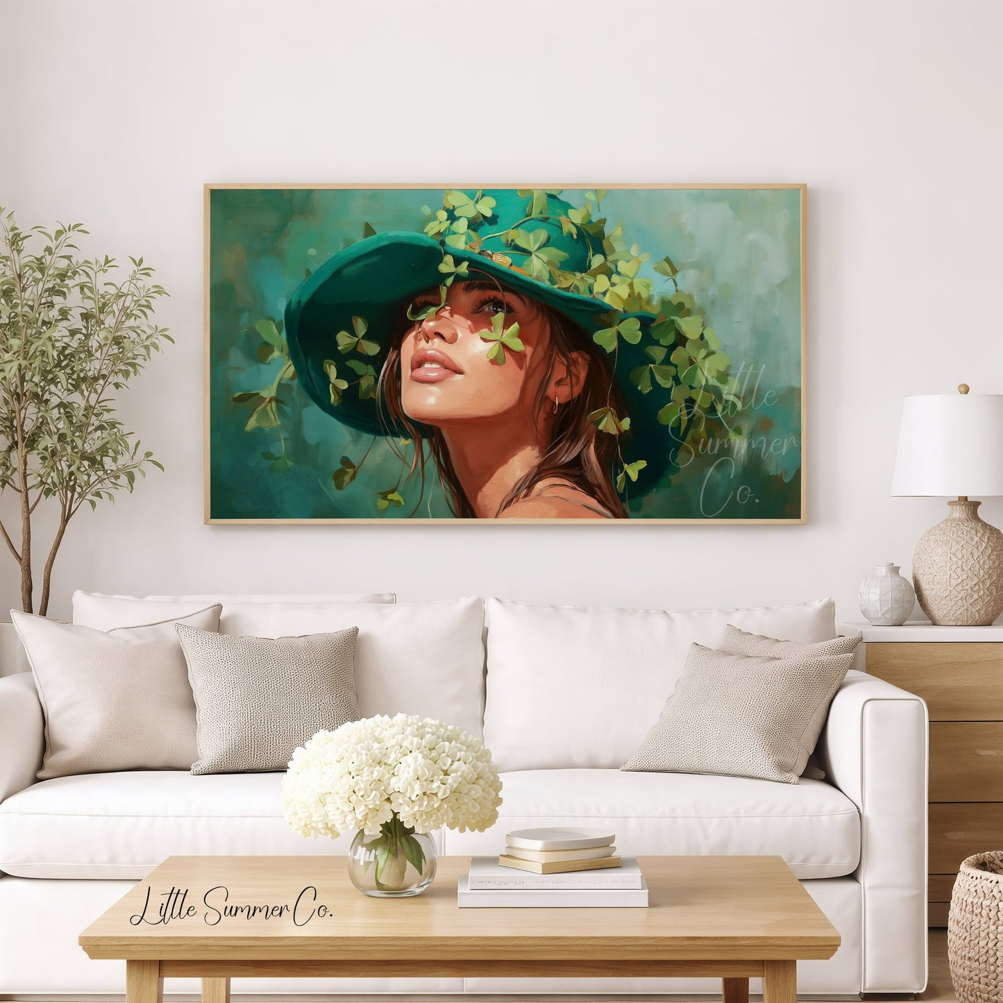 Woman in Shamrock Hat Frame TV Art displayed on a TV