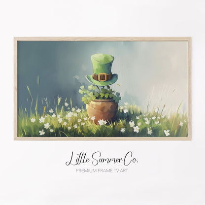 Shamrock Pot and Leprechaun Hat Frame TV Art displayed on a TV