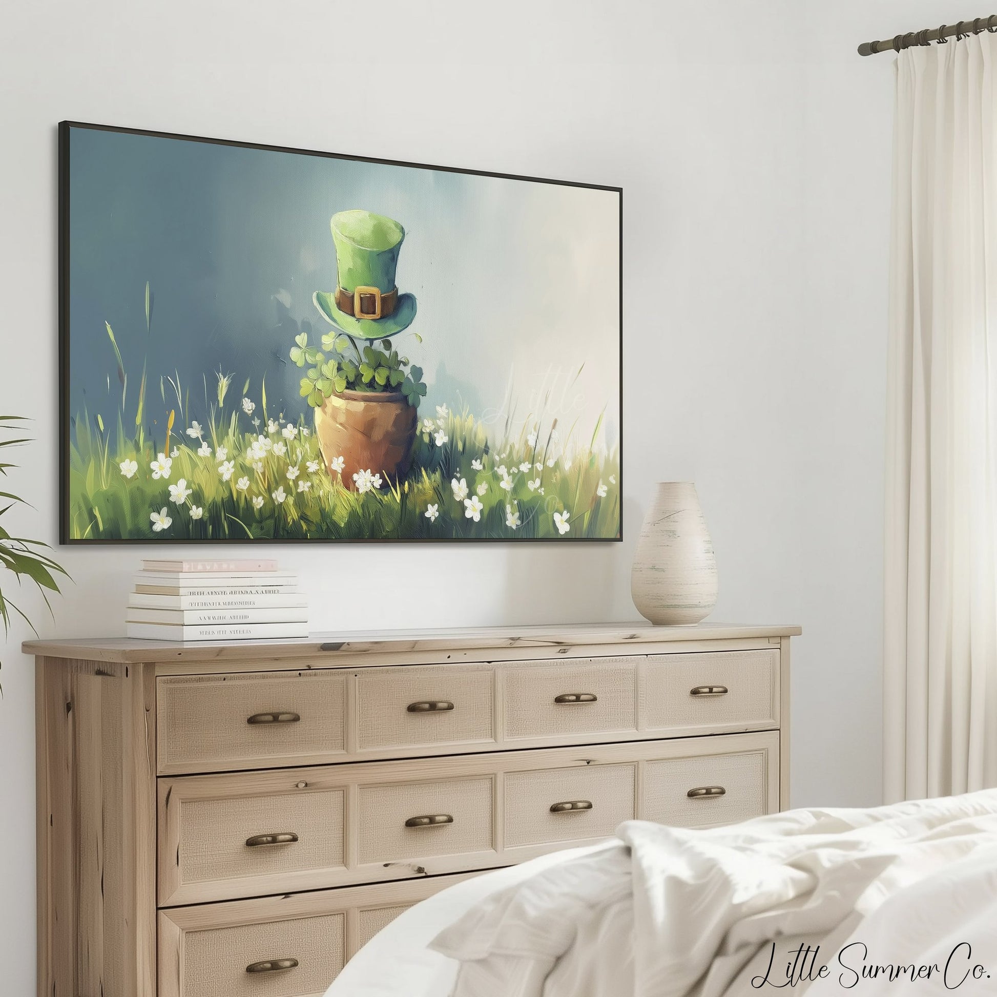 Shamrock Pot and Leprechaun Hat Frame TV Art displayed on a TV
