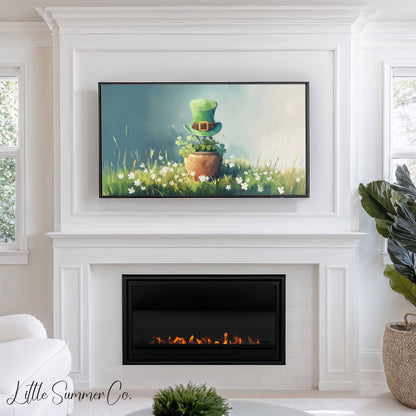 Shamrock Pot and Leprechaun Hat Frame TV Art displayed on a TV
