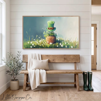 Shamrock Pot and Leprechaun Hat Frame TV Art displayed on a TV