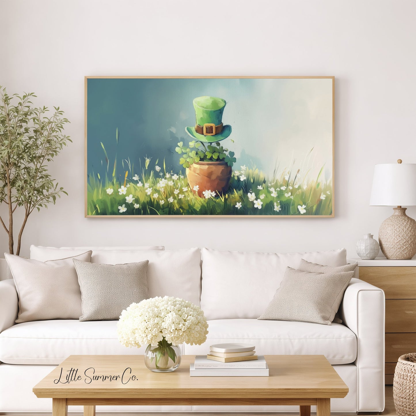 Shamrock Pot and Leprechaun Hat Frame TV Art displayed on a TV