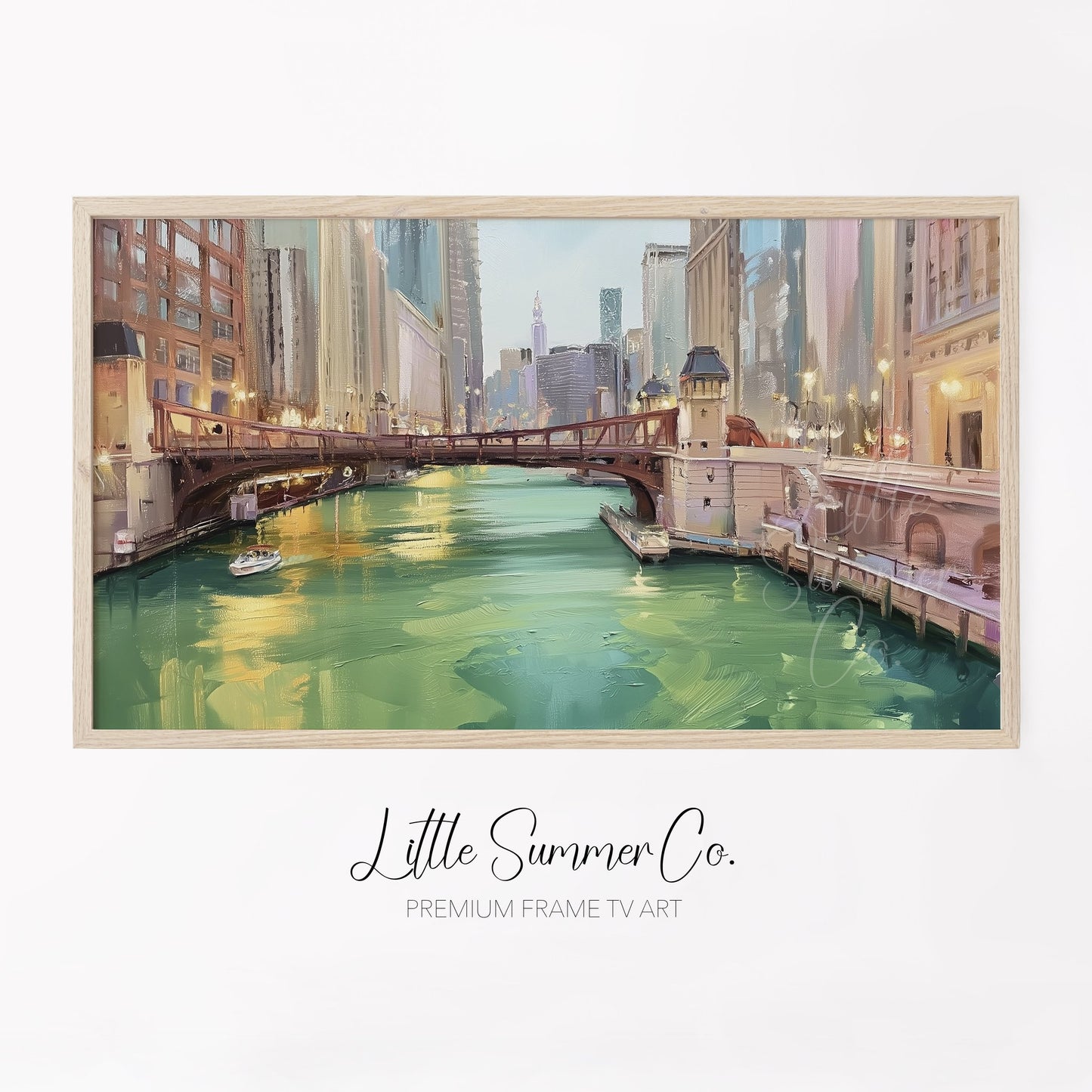 Chicago Green River Bridge Frame TV Art displayed on a TV