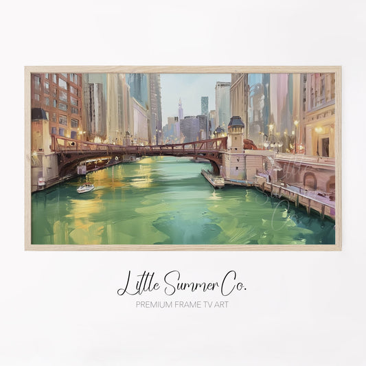 Chicago Green River Bridge Frame TV Art displayed on a TV