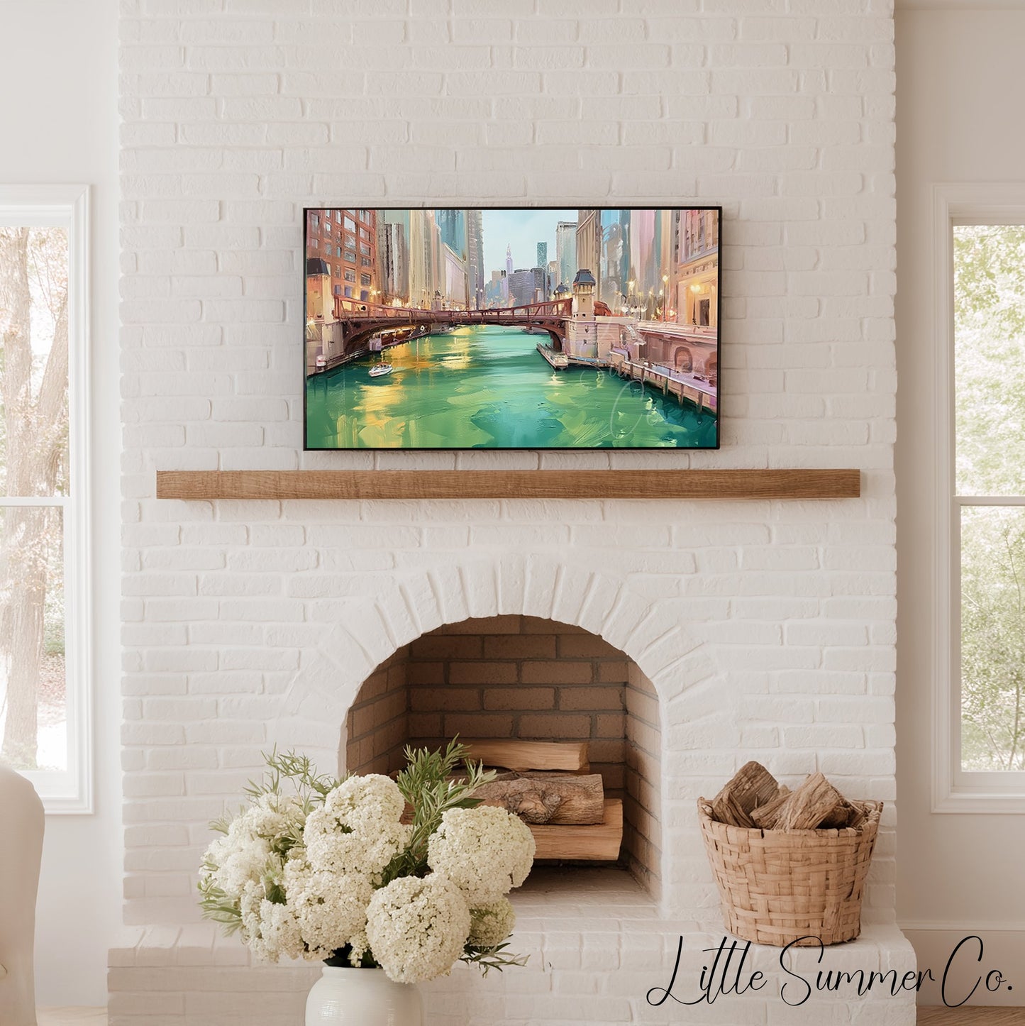 Chicago Green River Bridge Frame TV Art displayed on a TV