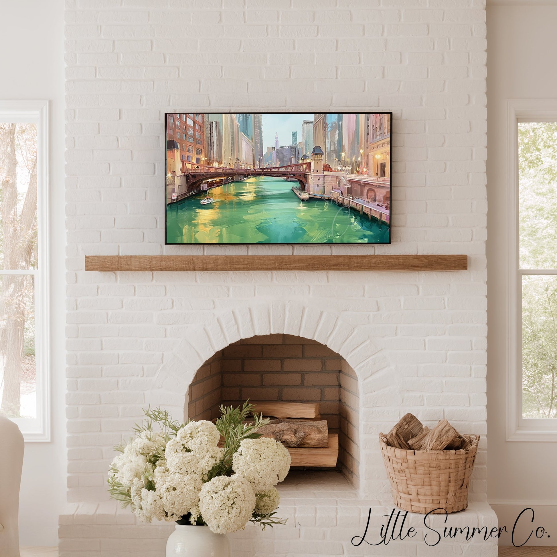 Chicago Green River Bridge Frame TV Art displayed on a TV