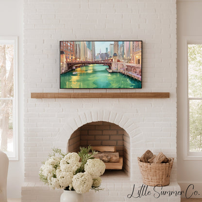 Chicago Green River Bridge Frame TV Art displayed on a TV