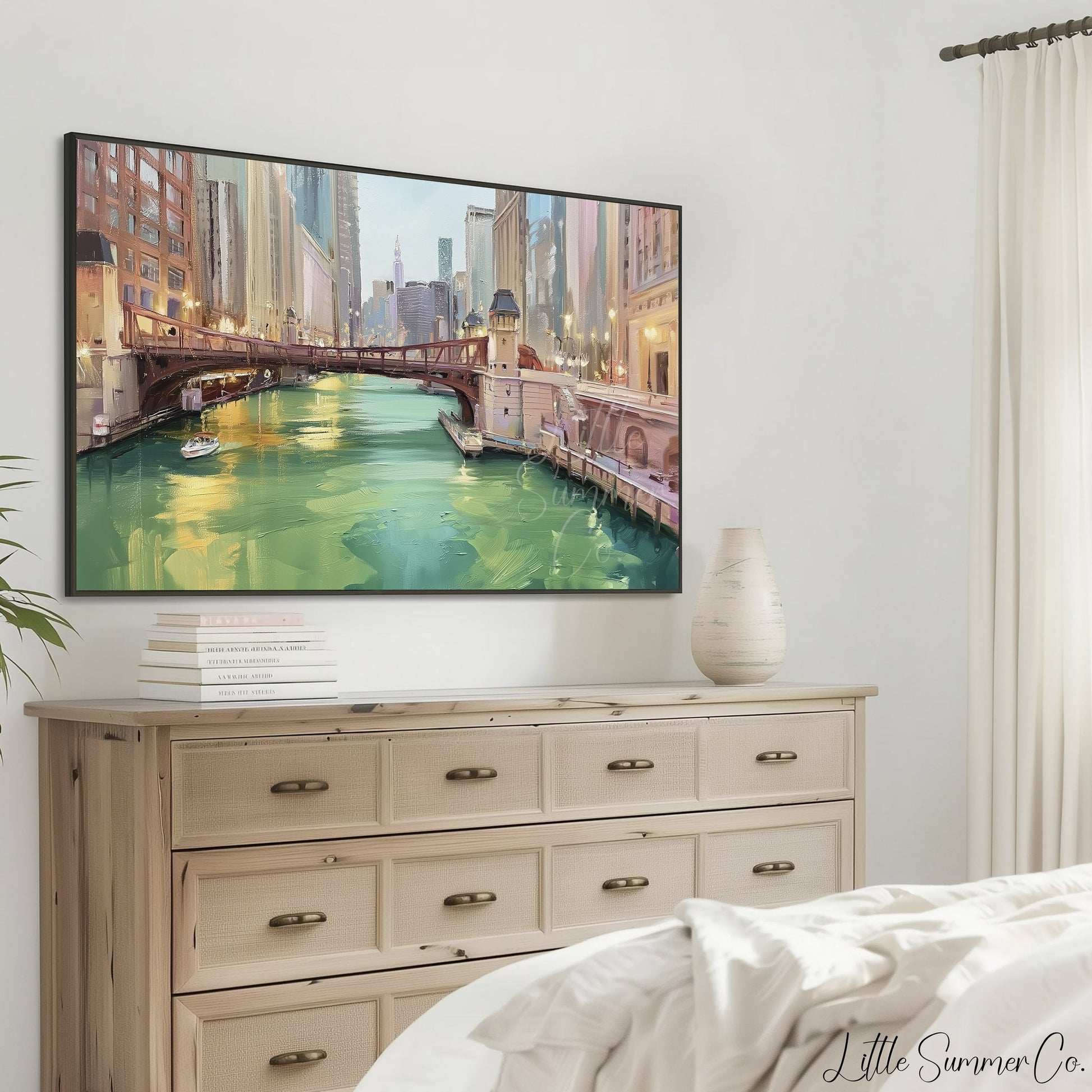 Chicago Green River Bridge Frame TV Art displayed on a TV