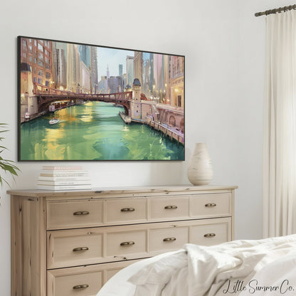 Chicago Green River Bridge Frame TV Art displayed on a TV