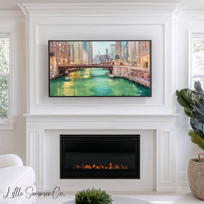 Chicago Green River Bridge Frame TV Art displayed on a TV