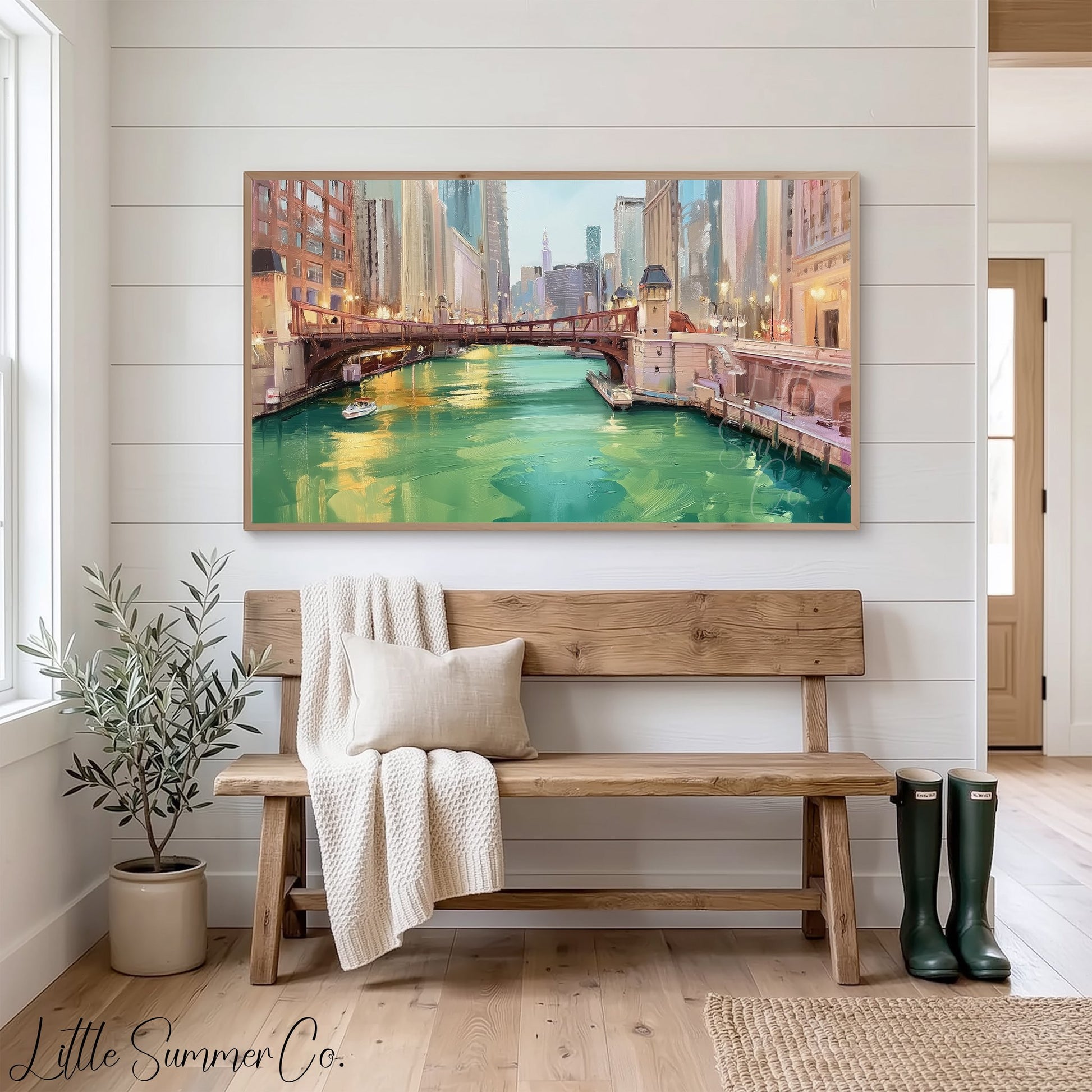 Chicago Green River Bridge Frame TV Art displayed on a TV