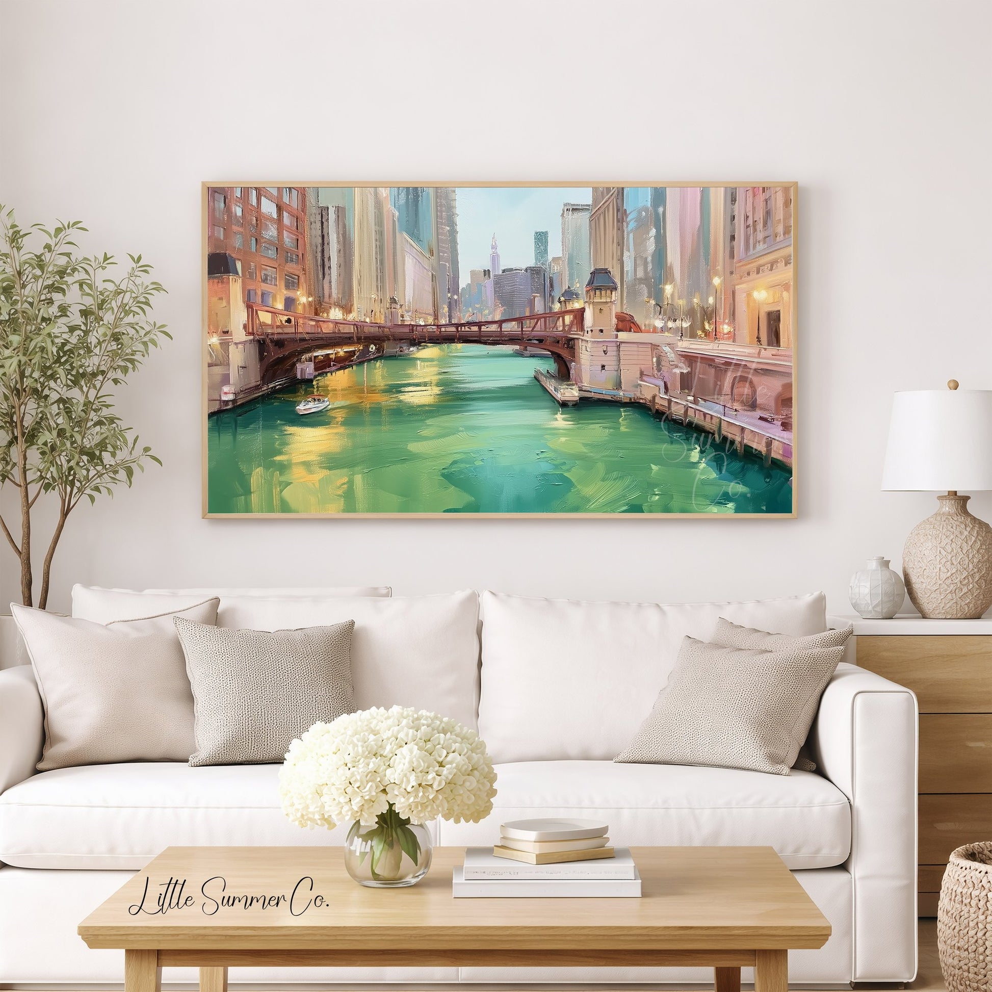 Chicago Green River Bridge Frame TV Art displayed on a TV
