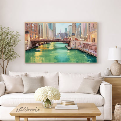Chicago Green River Bridge Frame TV Art displayed on a TV