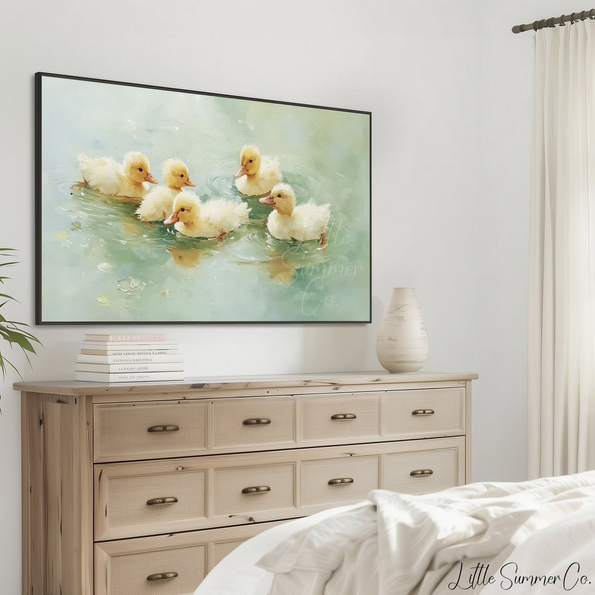 Yellow Ducklings Frame TV Art displayed on a TV