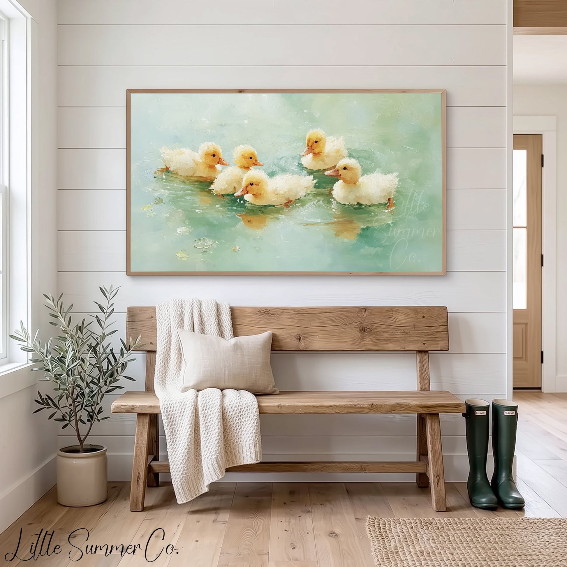Yellow Ducklings Frame TV Art displayed on a TV
