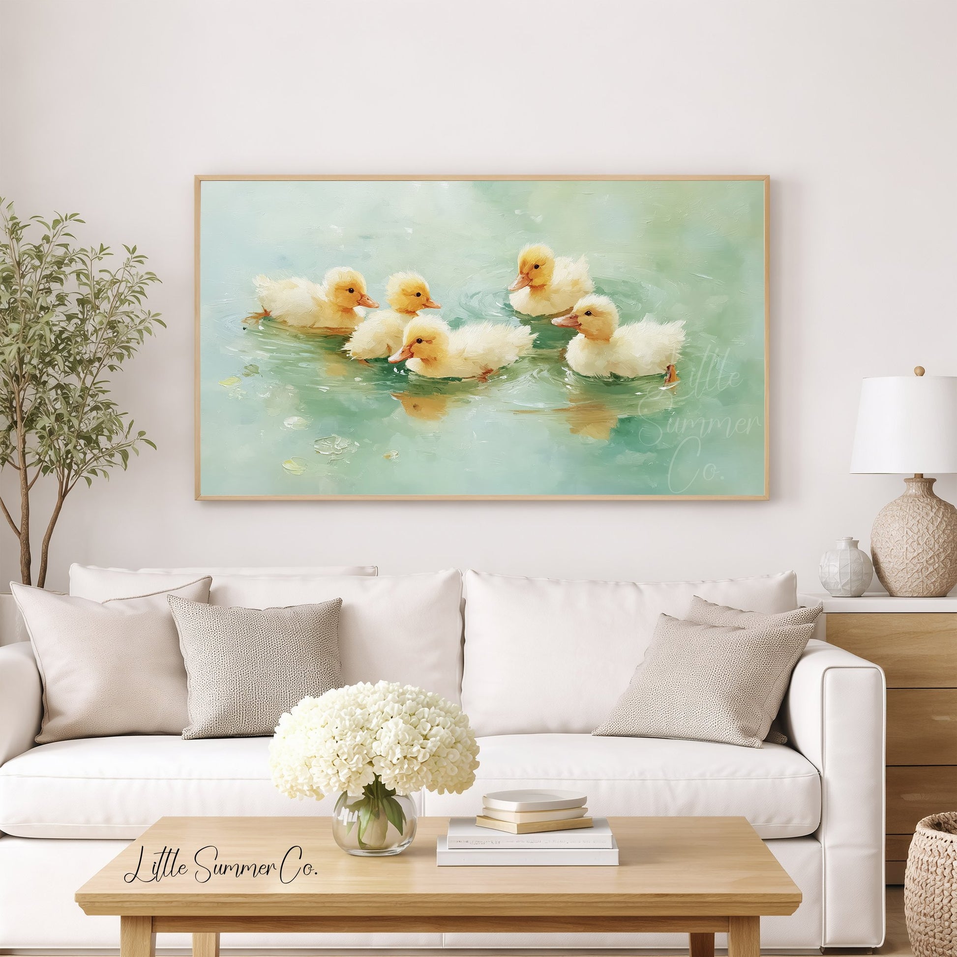 Yellow Ducklings Frame TV Art displayed on a TV
