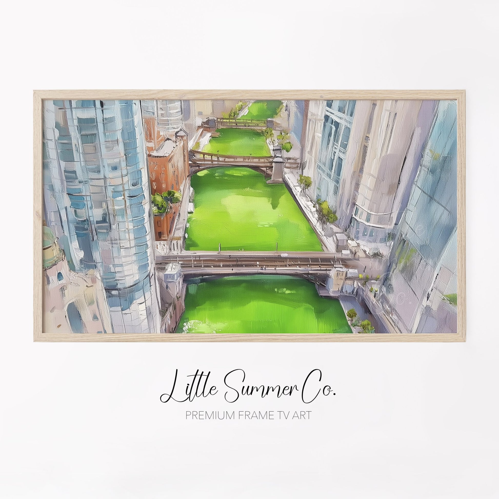 Aerial Chicago Green River Frame TV Art displayed on a TV