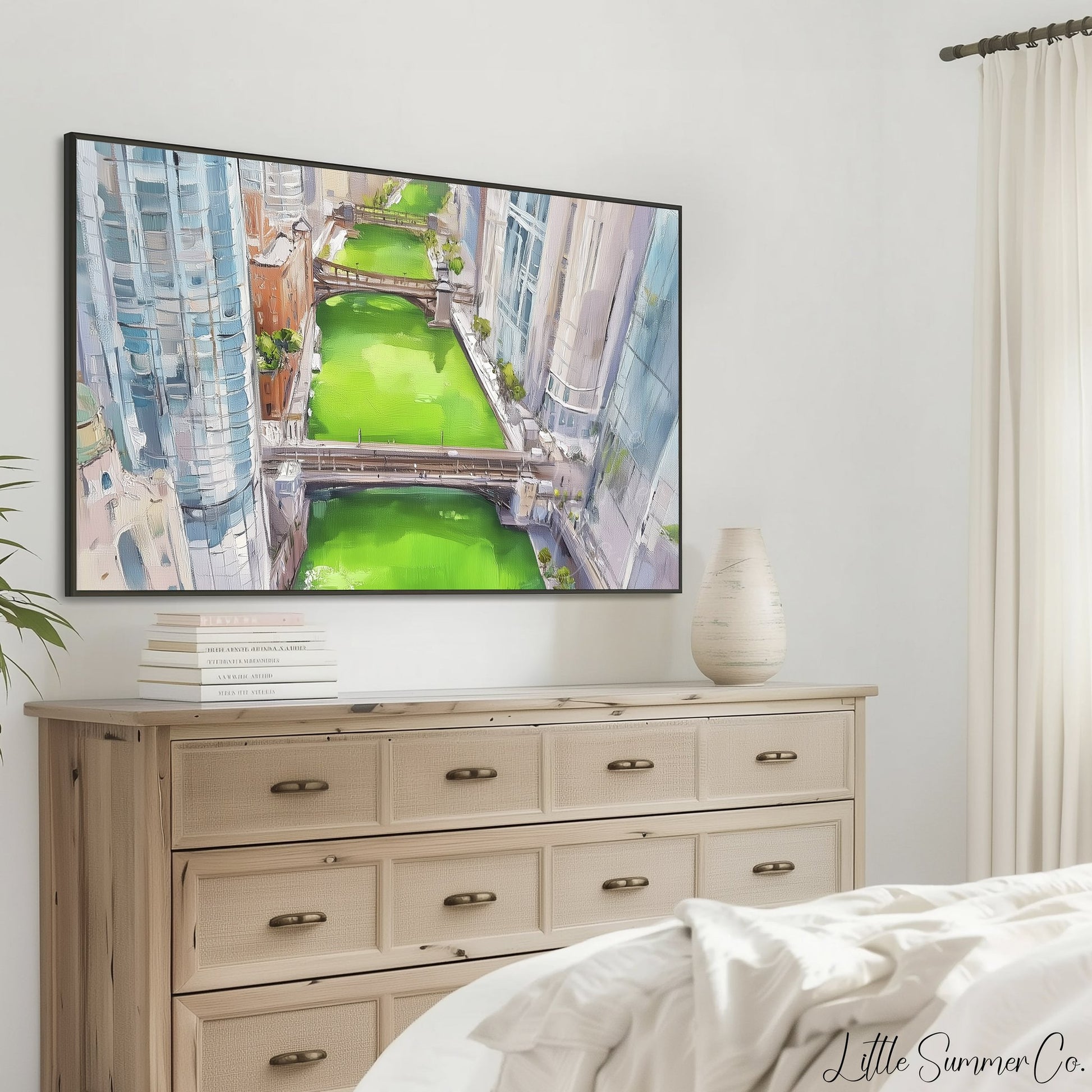 Aerial Chicago Green River Frame TV Art displayed on a TV