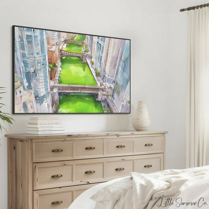Aerial Chicago Green River Frame TV Art displayed on a TV