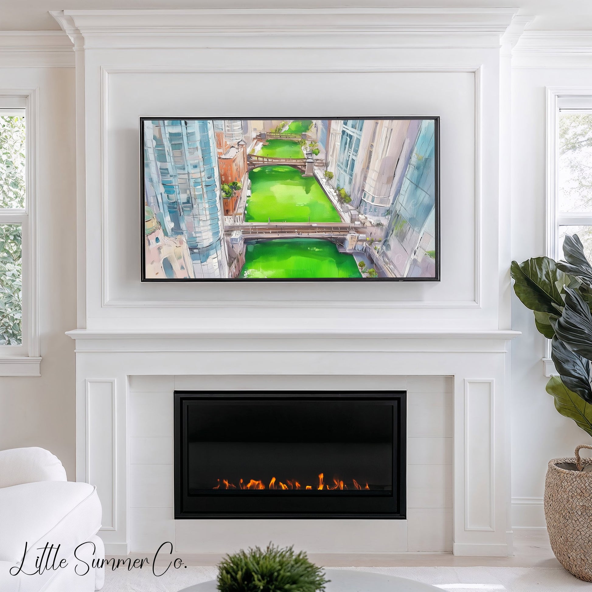 Aerial Chicago Green River Frame TV Art displayed on a TV