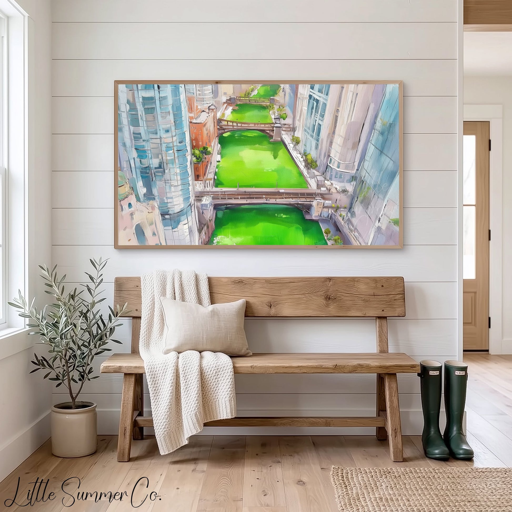 Aerial Chicago Green River Frame TV Art displayed on a TV
