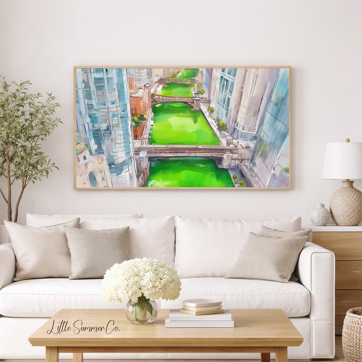 Aerial Chicago Green River Frame TV Art displayed on a TV