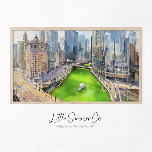 Chicago Green River Skyline Frame TV Art displayed on a TV