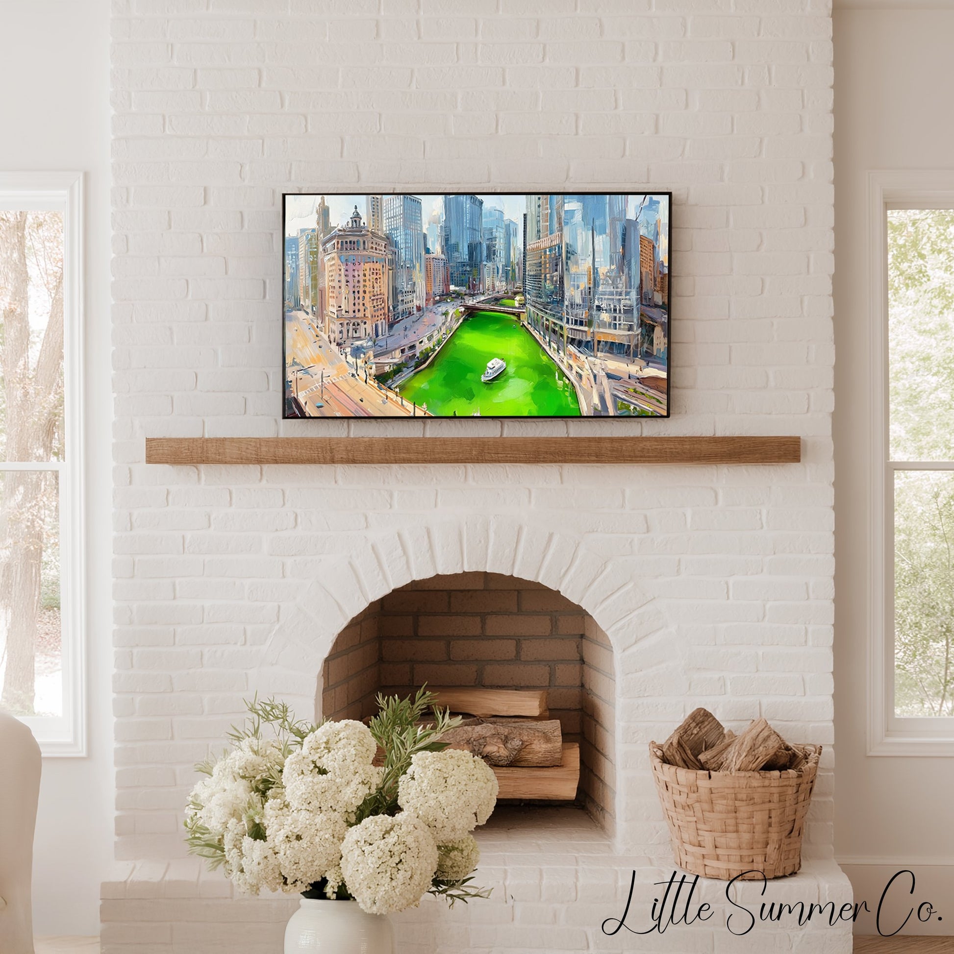 Chicago Green River Skyline Frame TV Art displayed on a TV