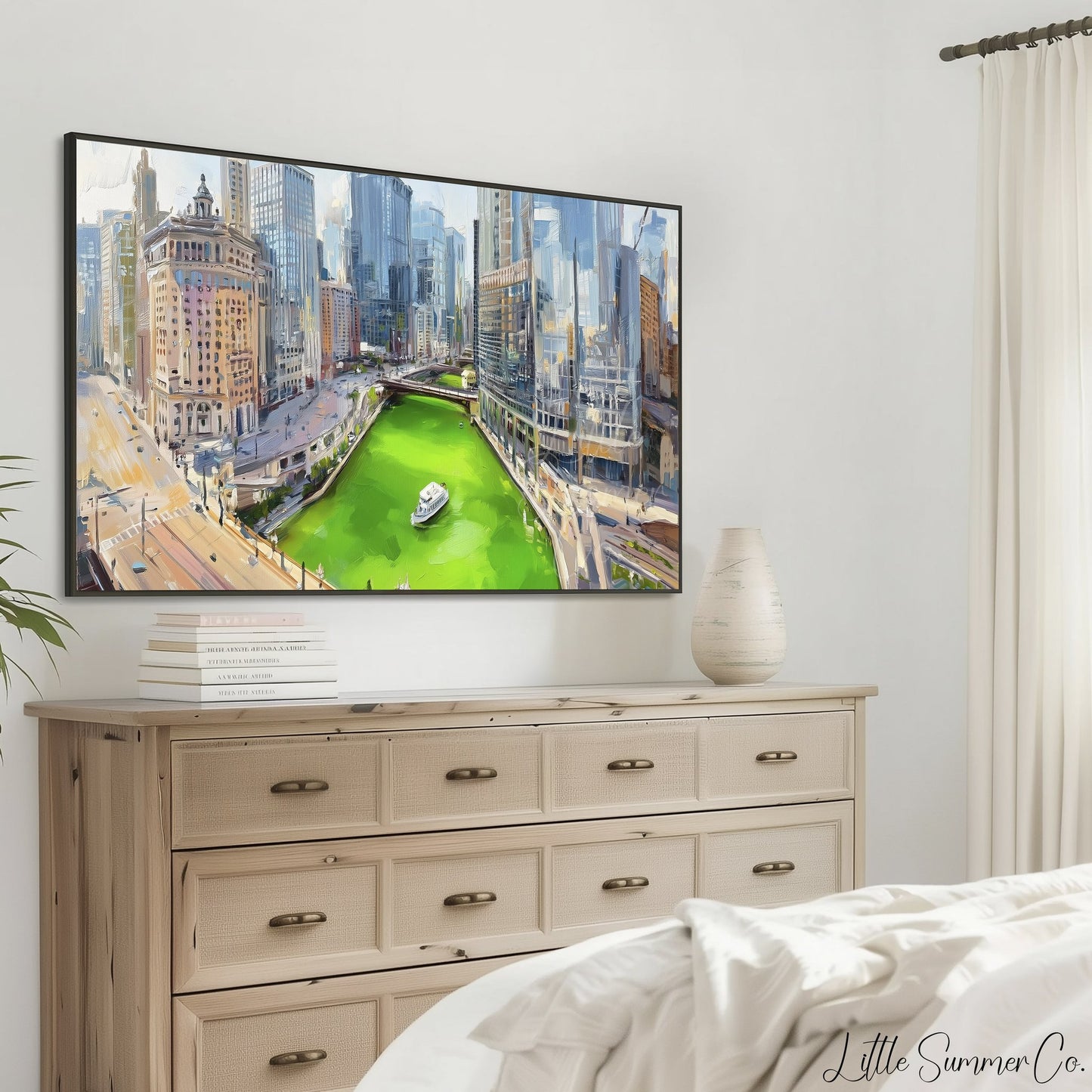 Chicago Green River Skyline Frame TV Art displayed on a TV