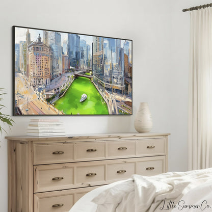 Chicago Green River Skyline Frame TV Art displayed on a TV