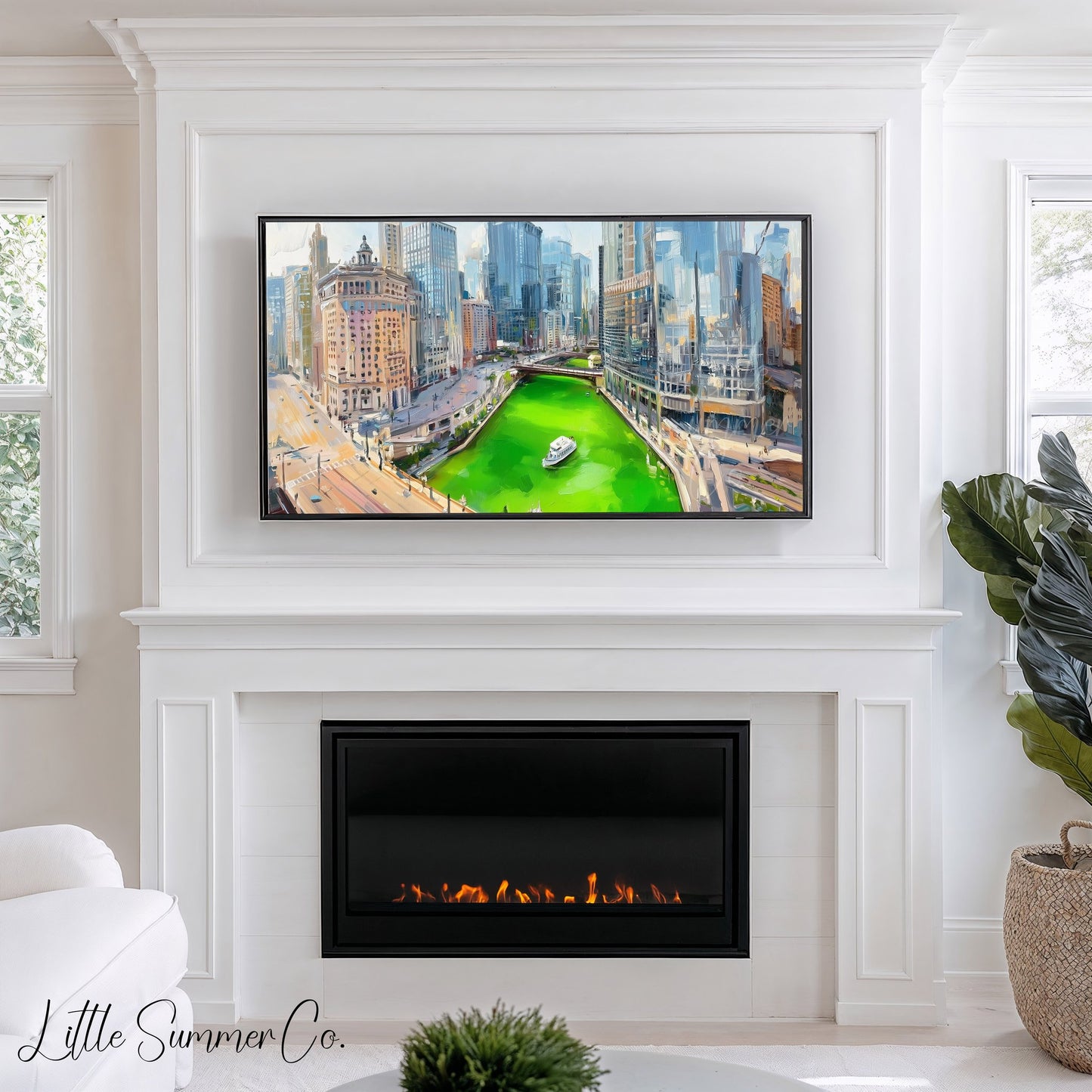 Chicago Green River Skyline Frame TV Art displayed on a TV