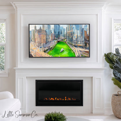 Chicago Green River Skyline Frame TV Art displayed on a TV