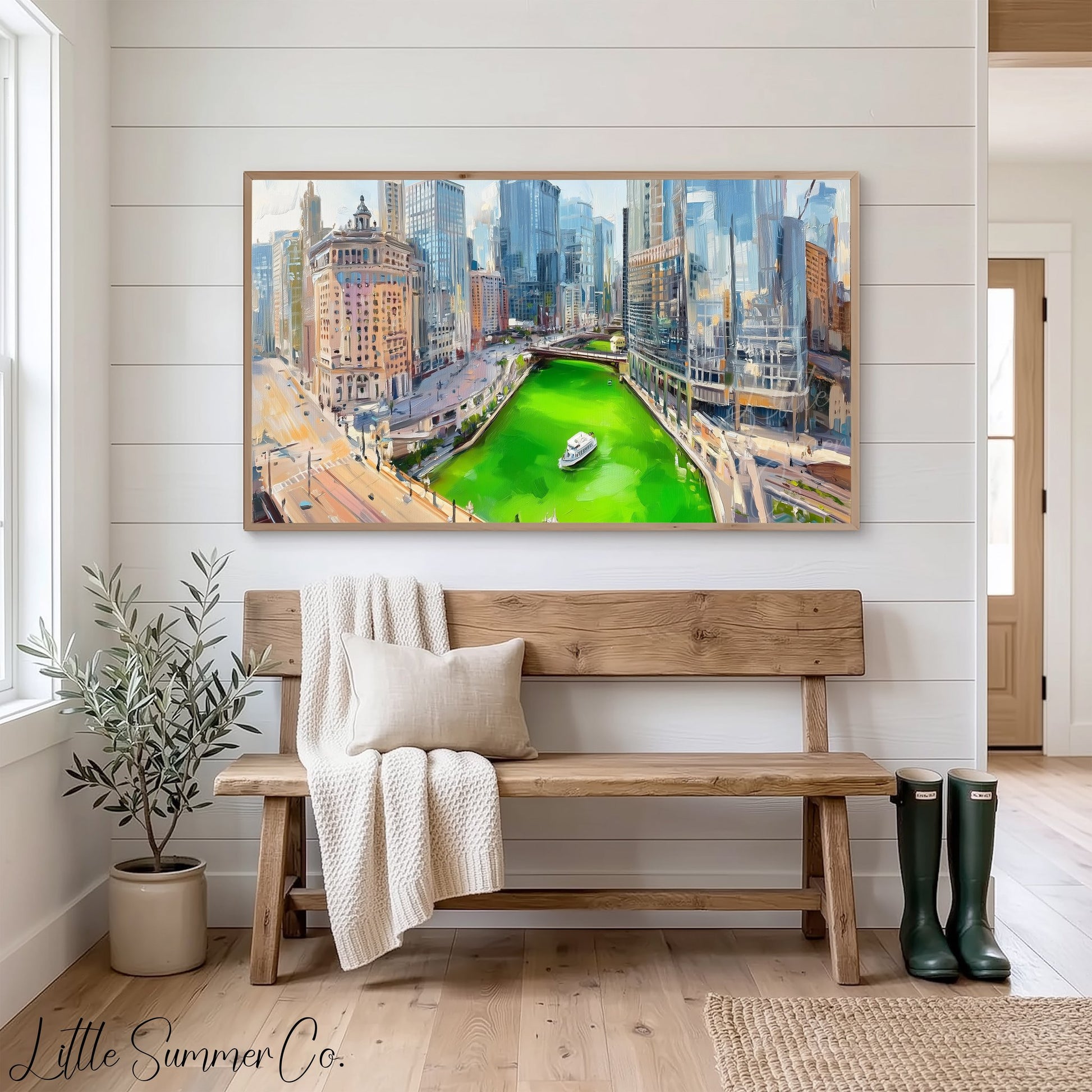 Chicago Green River Skyline Frame TV Art displayed on a TV