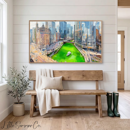 Chicago Green River Skyline Frame TV Art displayed on a TV