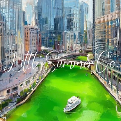 Chicago Green River Skyline Frame TV Art displayed on a TV